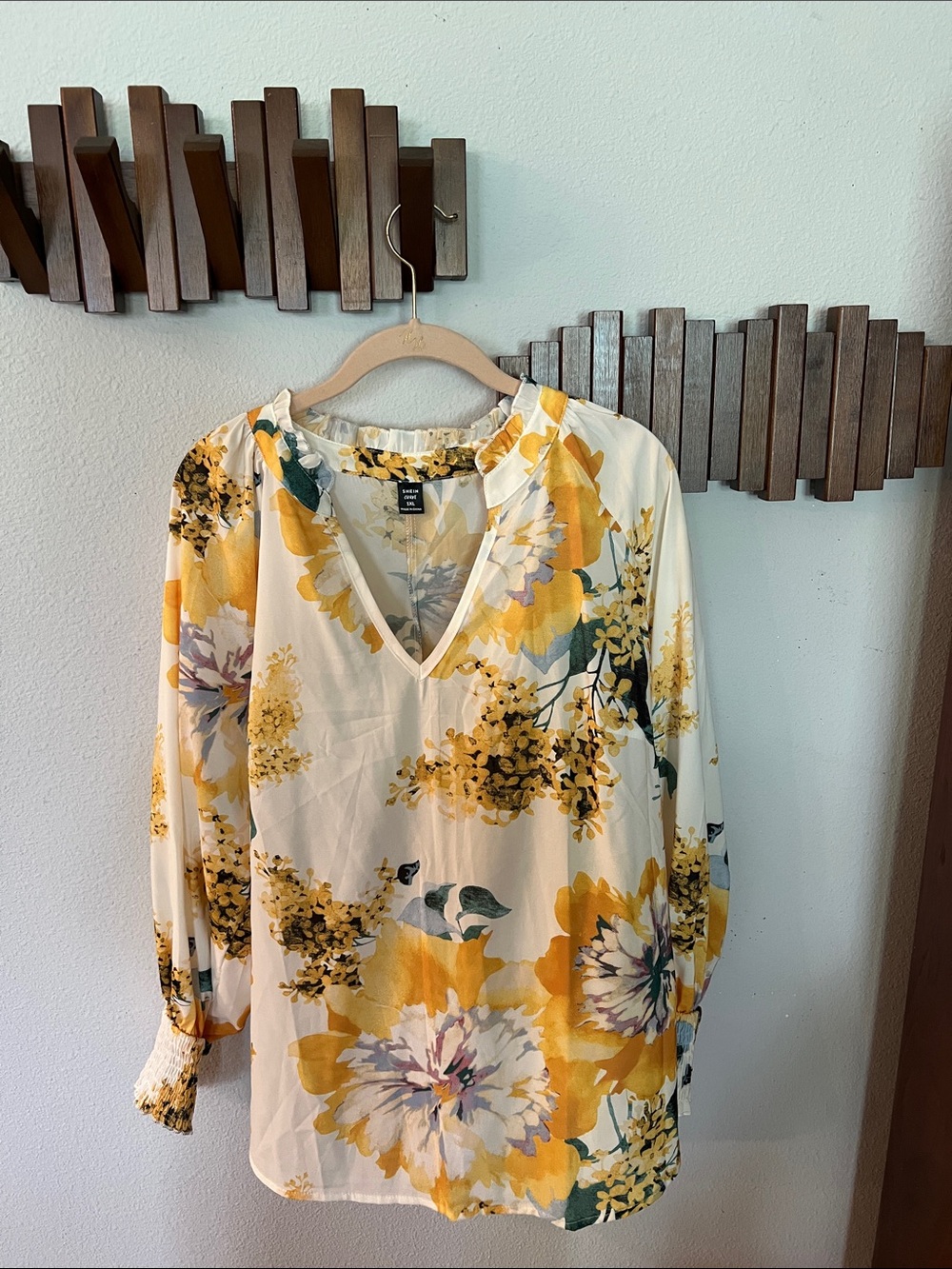 SHEIN Cream Blouse with Yellow Floral Print
